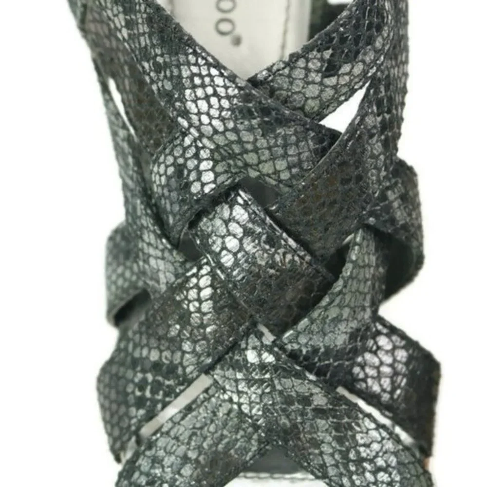 Bamboo Nanette Shoes Heels‎ Sandals Platform Black Silver Snake Cork 7.5
